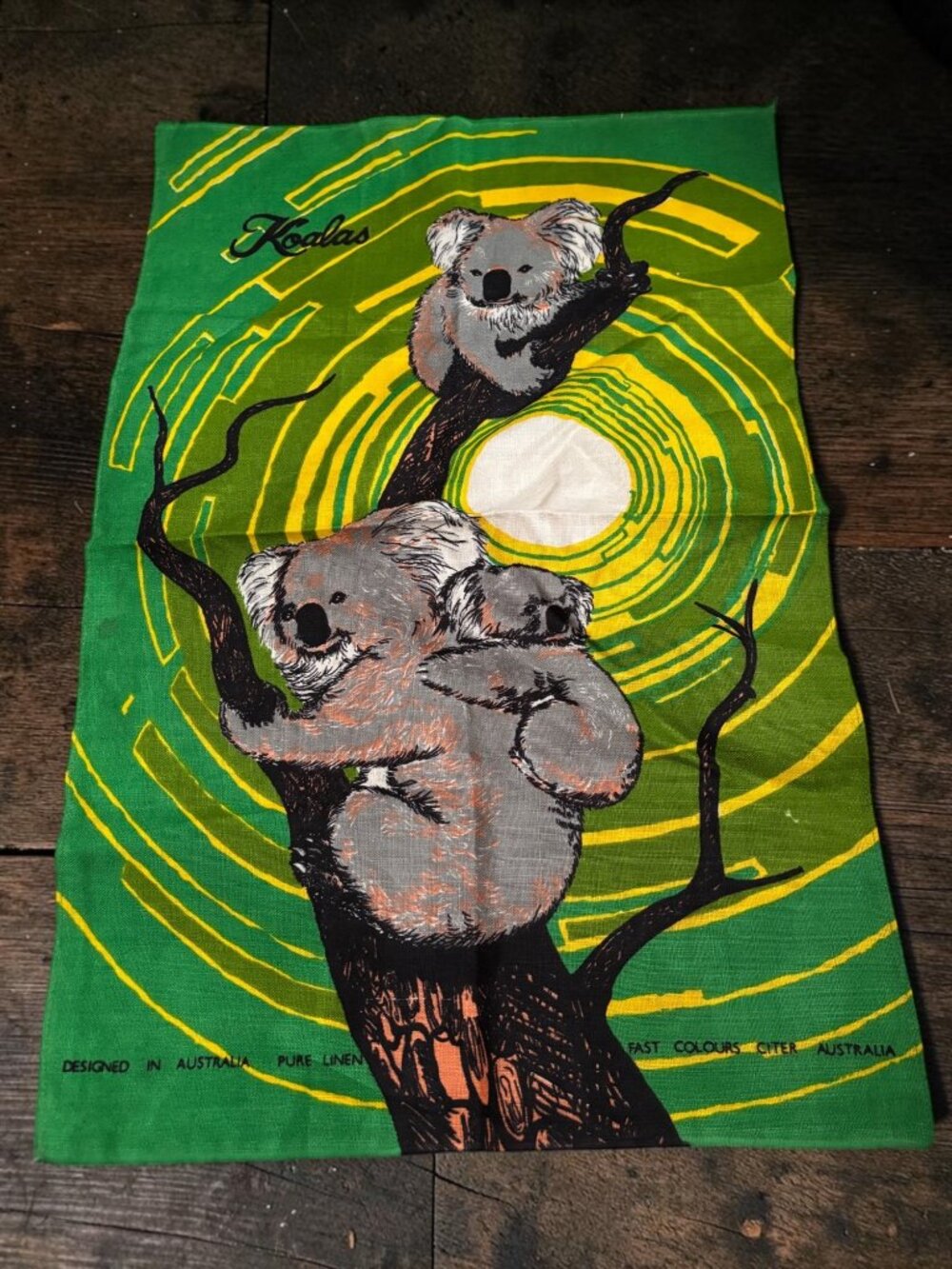 Vintage Koala Linen Tea Towel Made In Czechoslovakia With Australian Design Gree